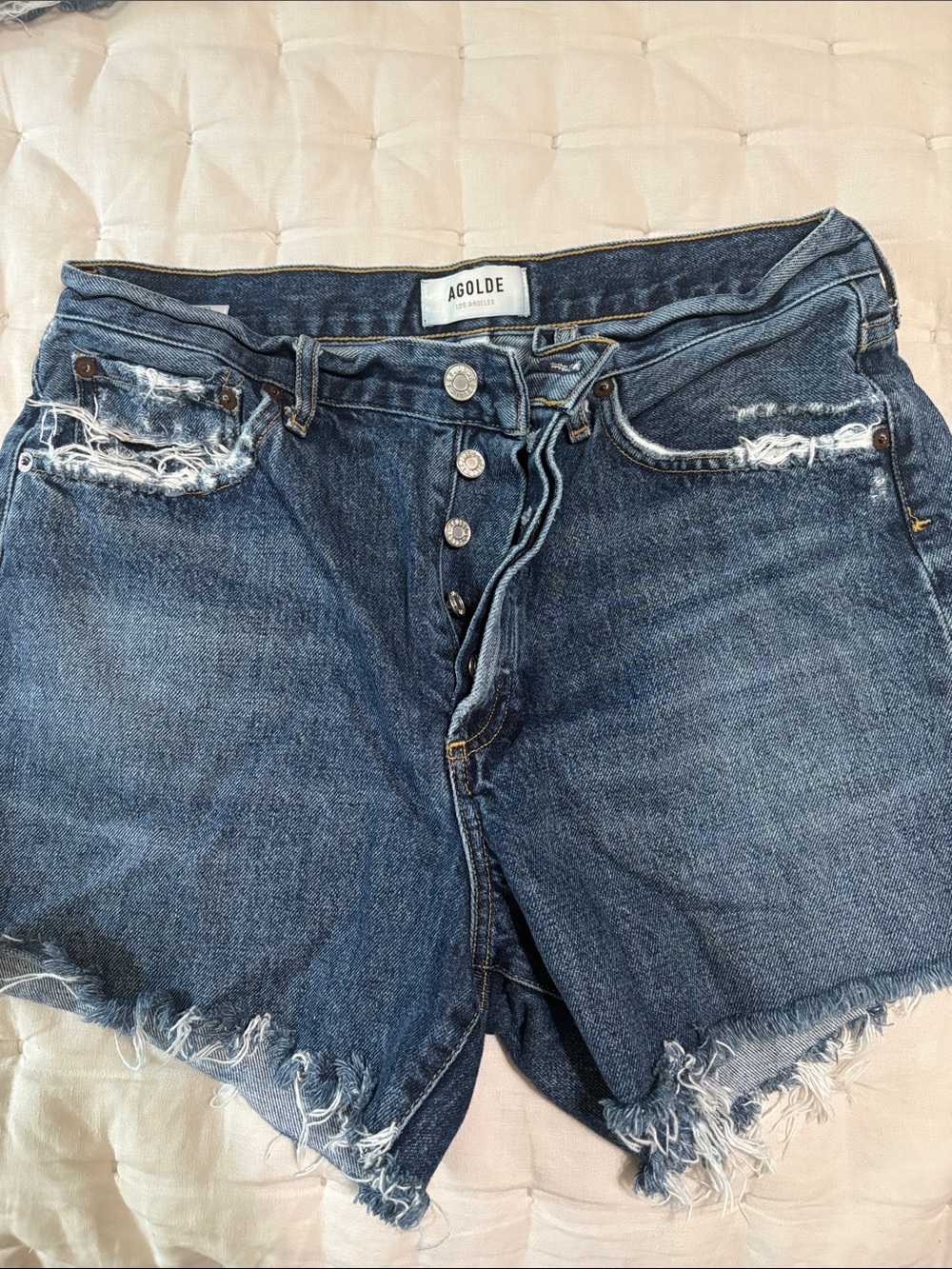 Agolde Dark Reece Blue Distressed Button-Fly Denim Cutoff Short